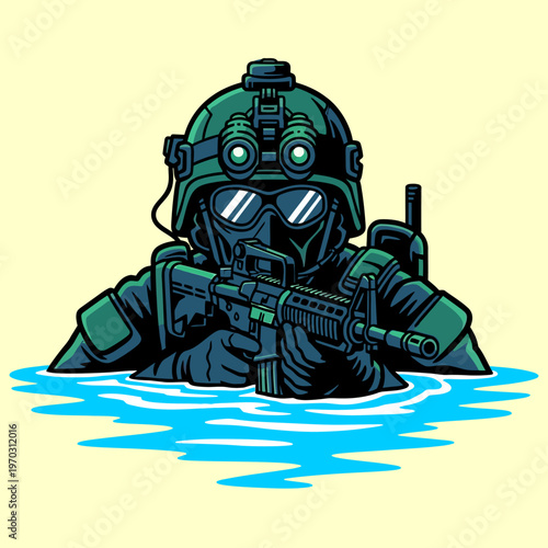Tactical soldier in green gear with night vision goggles and rifle, partially submerged.