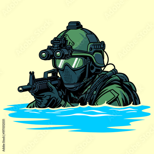 Tactical soldier in green uniform, helmet with night vision goggles, mask, and eye protection, holding a rifle, partially submerged in water.