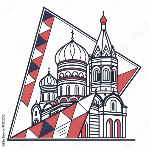 Photography Saint basil's cathedral depicted in modern abstract style with geometric triangles representing russian architecture and cultural heritage symbol