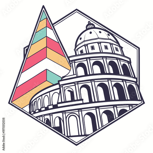 Roman coliseum architectural illustration with geometric pyramid background in modern line art style for historical travel and monument branding art.