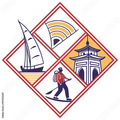 Travel badge icon set featuring dhow sailboat on waves hiking adventurer with backpack and pagoda temple landmark in diamond frame for tourism design.