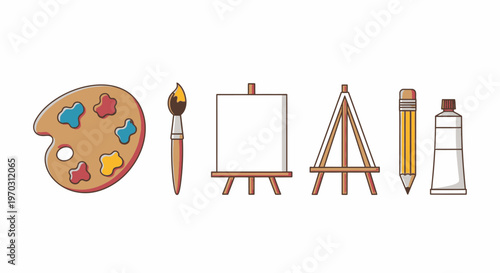Artistic tools illustration set palette brush easel pencil tube vector design