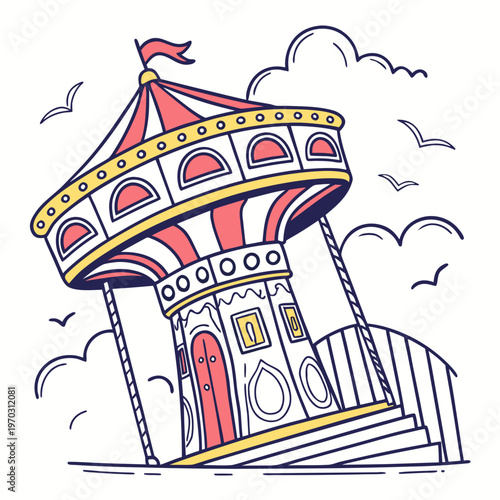 Amusement park carousel illustration in flat line art style with clouds and birds, fairground attraction vector graphic.