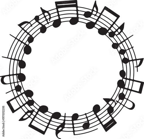 Circular arrangement of a musical staff with various notes and a treble clef