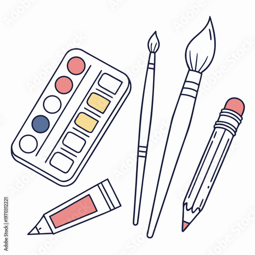 Collection of traditional art materials including watercolor tin box with round pans tube of paint pencils and brushes for school and hobby craft.