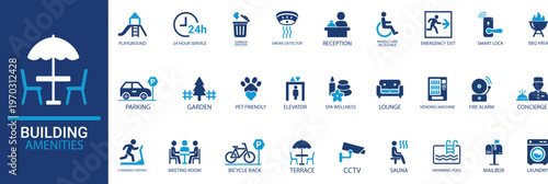 Building amenities icon set. 