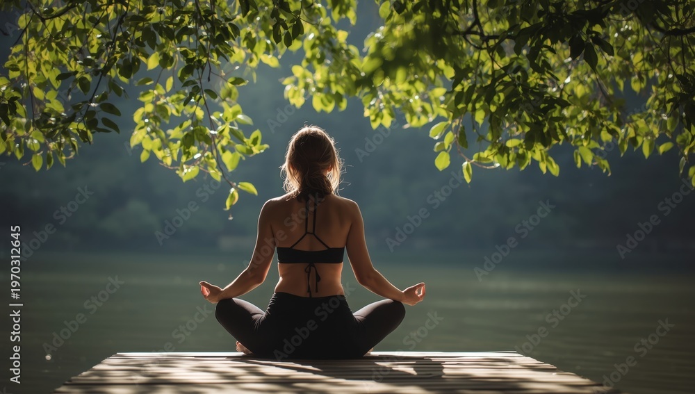 Fototapeta premium Woman meditating in lotus position outdoors with blurred greenery background meditation yoga