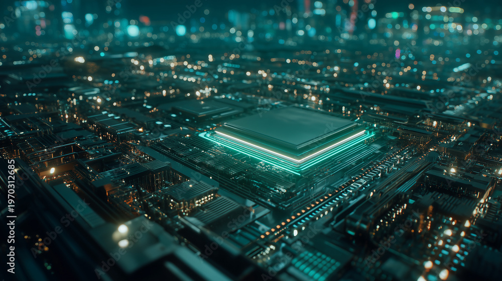 Obraz premium Futuristic microchip city digital rendering circuit board glowing data transfer