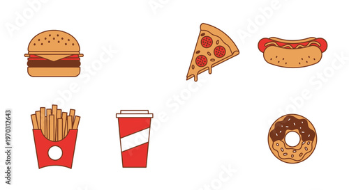 Assorted fast food icons burger pizza slice hotdog fries soda donut