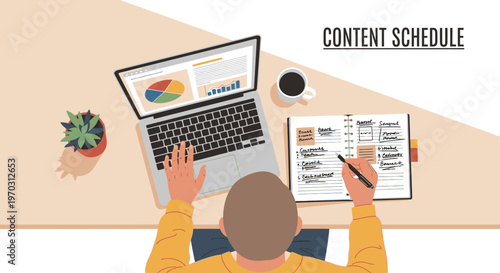 Overhead view of a person working on a laptop and writing on a notepad with a cup of coffee and a plant on a desk in a home office setting.