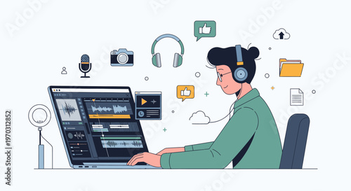Illustration of a focused young adult working on a laptop with video editing software and various multimedia icons floating around in a clean, minimalist workspace.