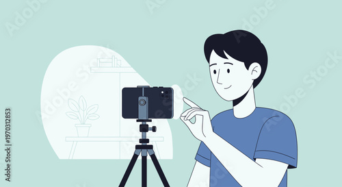 A young man records a video with a smartphone on a tripod against a light green background with a white graphic.