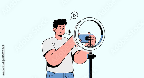 Illustration of a man recording a video with a smartphone and ring light on a stand against a plain background.