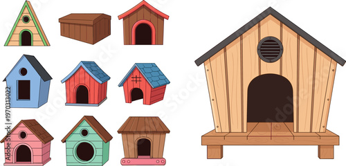 Wooden Birdhouse Set with Various Designs in Bright Colors and Unique Roof Shapes for Outdoor Gardens and Wildlife Projects