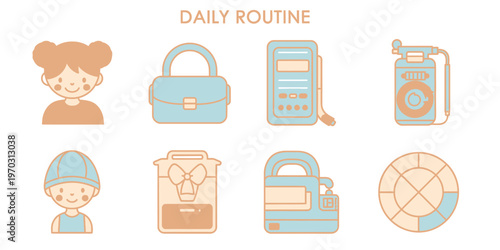 Minimalist daily routine icons featuring character avatars bag lunch box and time management chart