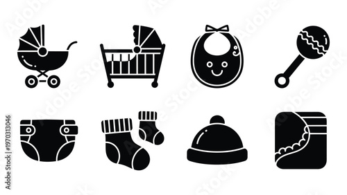 A collection of black silhouette icons depicting various baby essentials and items for newborn care high quality professional detailed modern elegant