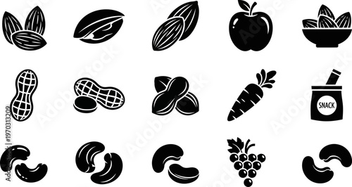 collection of black silhouette icons of various fruits and nuts on white background