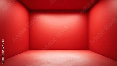 Empty red interior with smooth walls and floor creating a minimalist studio space. Soft gradient light illuminates the scene, perfect for product display or abstract concepts