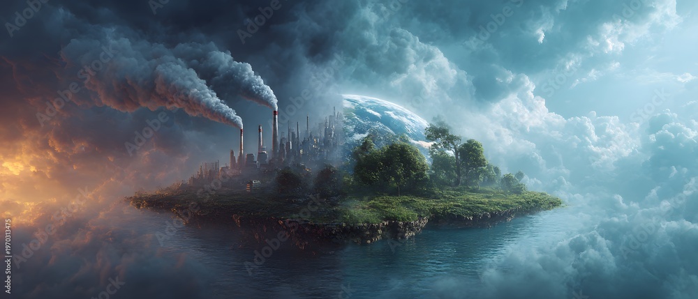Fototapeta premium Floating island with factories polluting air and green side with trees in cloudy sky environmental concept image.