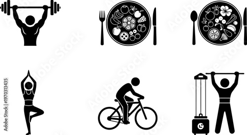 Black silhouettes of people exercising and eating healthy food icons