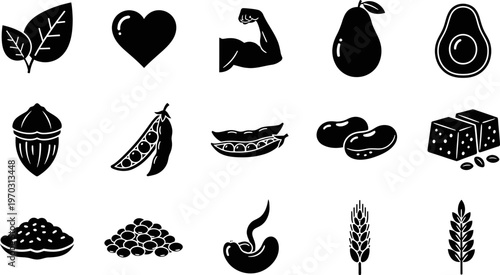 Black silhouettes of various food and plant icons on white background