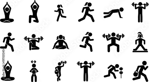 stick figures exercising and working out in various fitness poses and activities