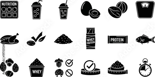 Black silhouette icons of various nutrition and fitness related objects on white background