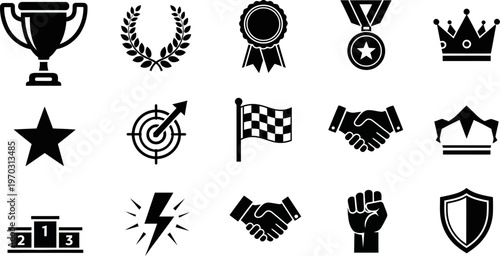 collection of black award icons and symbols for recognition and achievement