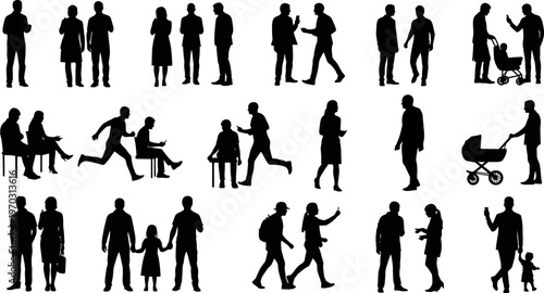 Collection of people silhouettes in various poses and activities on white background