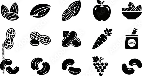 Collection of various food icons including fruits and nuts on white background