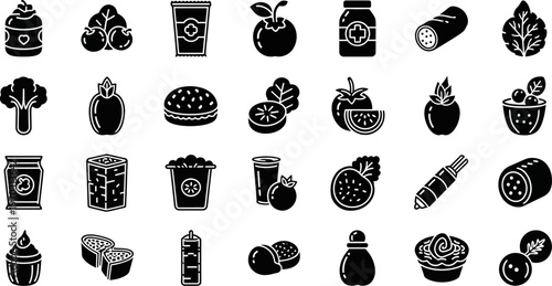 black and white food and drink icons on white background for graphic design