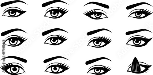collection of various eye illustrations with different eyebrow and eyelash styles