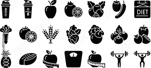 Black silhouette icons of healthy food and fitness tools on white background