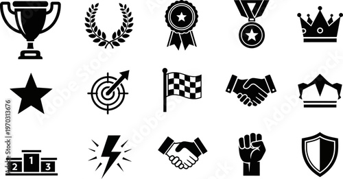 Collection of black and white icons for business and achievement concepts