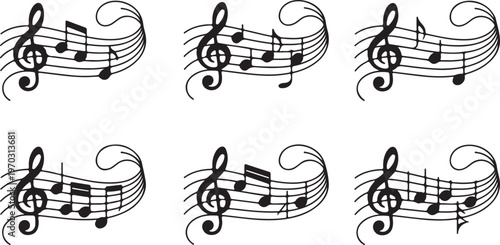 Classic Music Score Symbols and Wavy Staves Set for Creative Projects