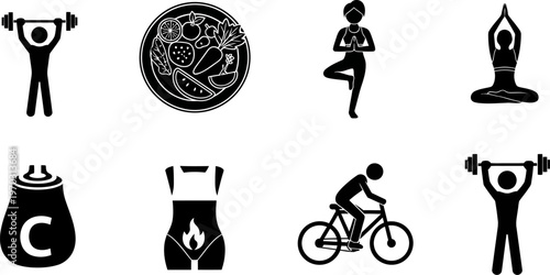 Black silhouettes of people exercising and healthy food plate icon set