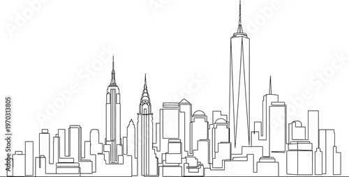 New York City skyline illustration with skyscrapers and buildings in black lines on transparent background