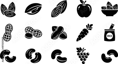collection of black icons of various fruits and nuts on white background
