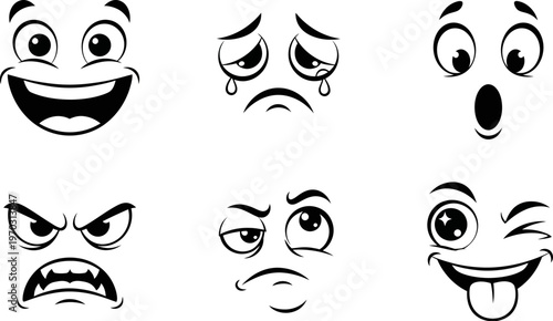 set of cartoon faces with different emotional expressions on white background