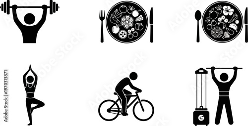 black silhouettes of people exercising and eating healthy food