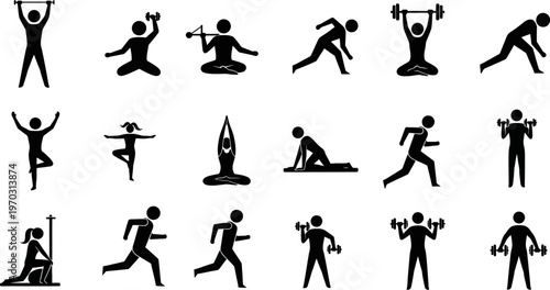 stick figures exercising with dumbbells and doing yoga poses and running isolated on white background