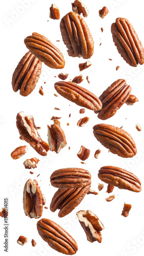 Scattered pecans and broken pieces of pecans isolated on transparent background showcasing texture and rich brown color healthy plant based nuts perfect for baking and savory dishes snack inspiration.
