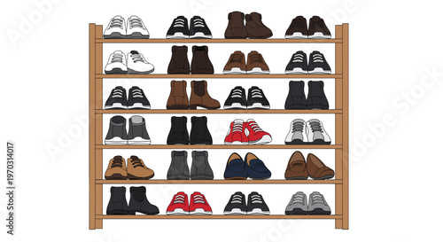 A tall, five-tiered wooden shoe rack is completely filled with a wide variety of footwear, including sneakers, boots, and loafers.