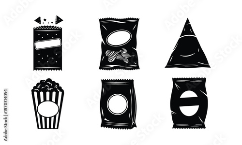 Classic snack packaging featuring various popcorn and chip bags in a stylized illustration