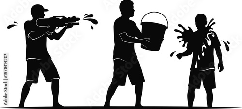 People silhouettes having fun with water guns and buckets during party