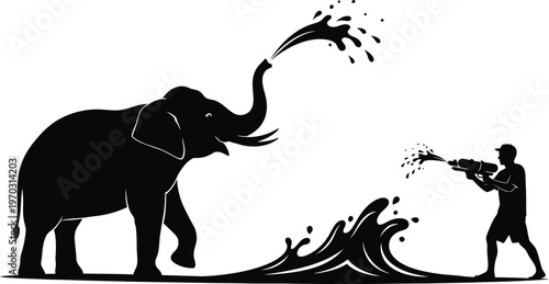 Elephant and man playing water during songkran festival in thailand art