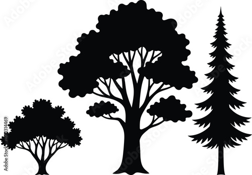 Various black silhouettes trees isolated on transparent background