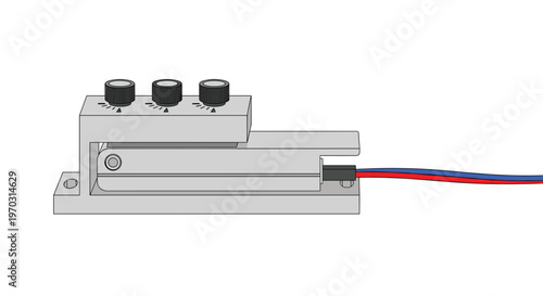 A small gray mechanical device featuring three black adjustment knobs has red and blue wires extending from its right side on a white background.