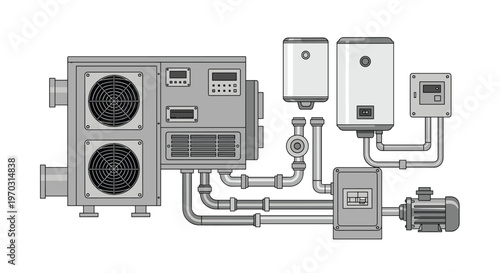 A comprehensive gray HVAC system featuring two fan units, multiple pipes, two water heaters, a control box, and a pump is displayed on a white background.
