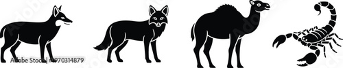 Fennec fox camel and scorpion silhouettes desert wildlife ecosystem set